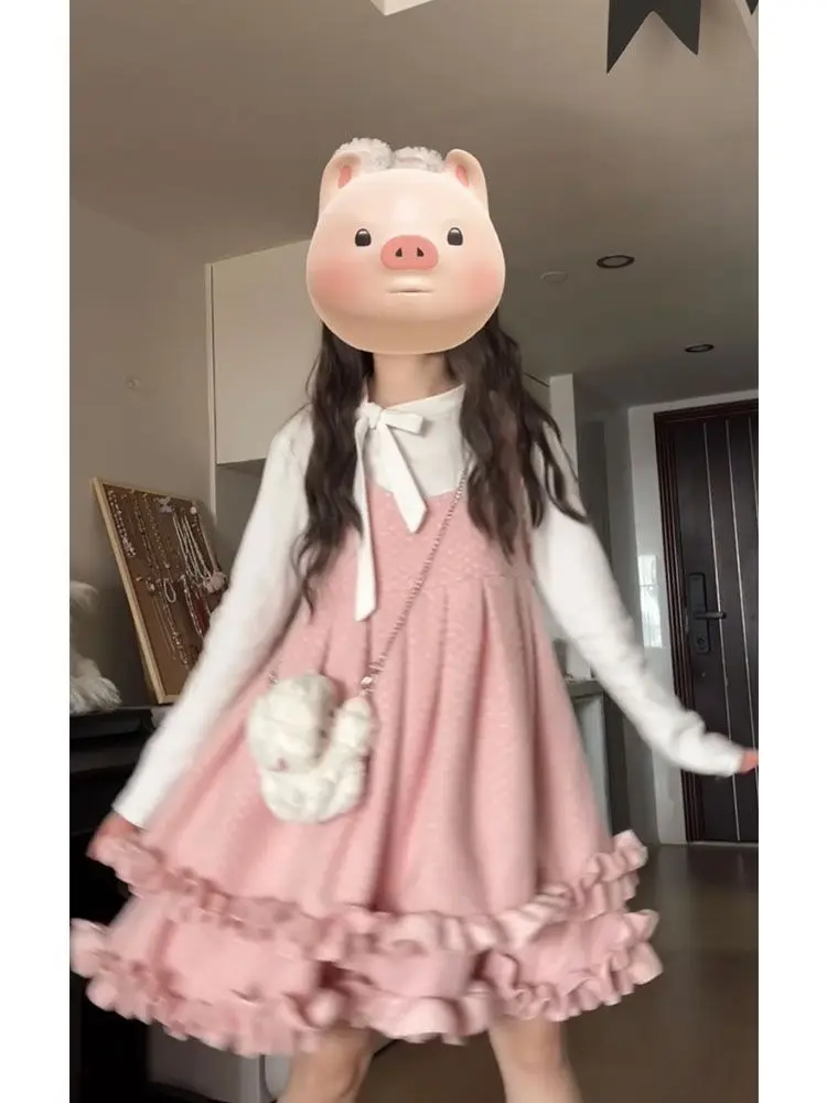 اليابانية الحلو لوليتا فستان 2 قطعة مجموعة Preppy نمط الدانتيل كم طويل القوس س الرقبة كشكش Kawaill فضفاض أضعاف تي شيرت 2025 الخريف