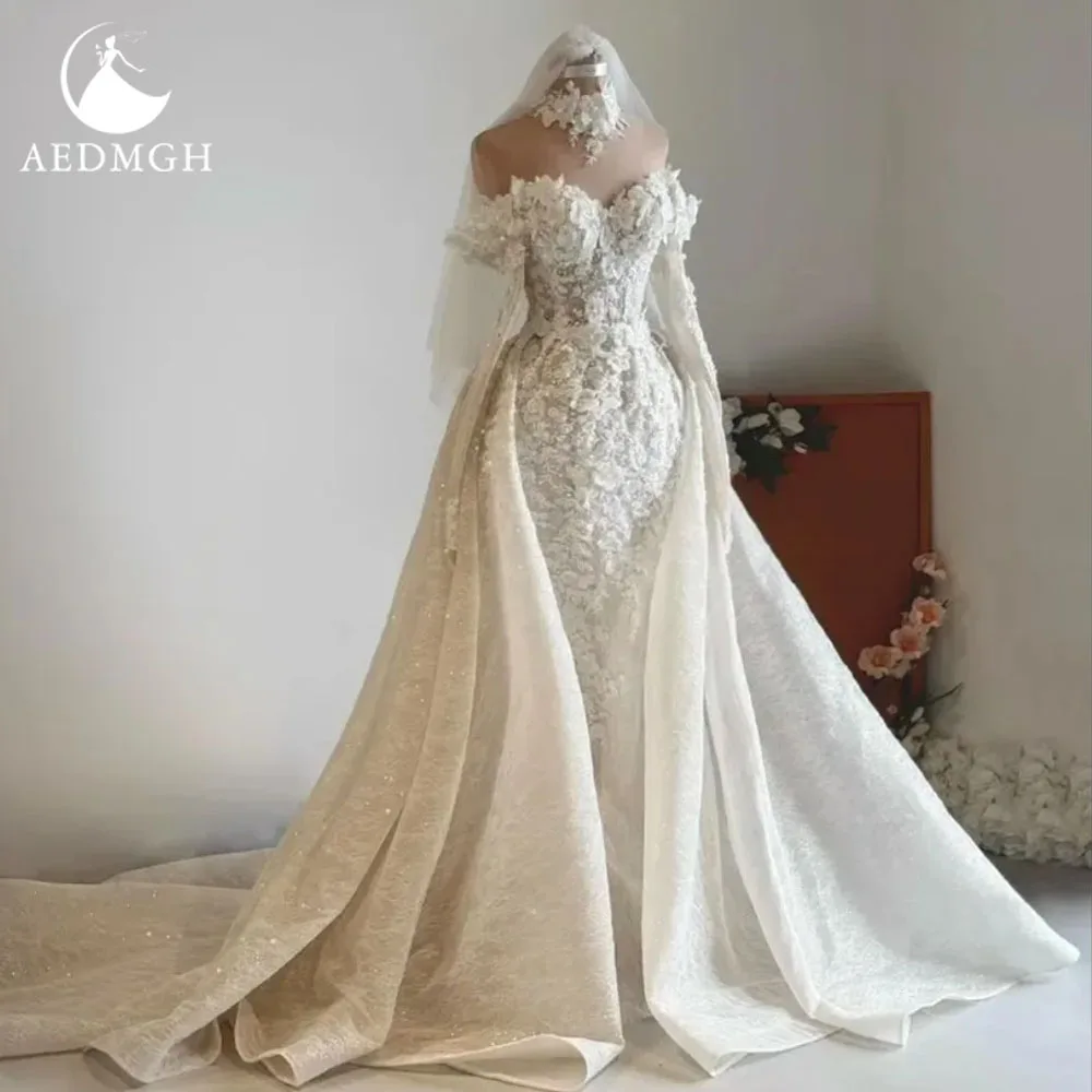 Aedmgh Mermaid Sexy Wedding Dresses Sweetheart Off The Shoulder Vestido De Novia Lace Embroidery 2 In 1 Custom Made Bridal Gown