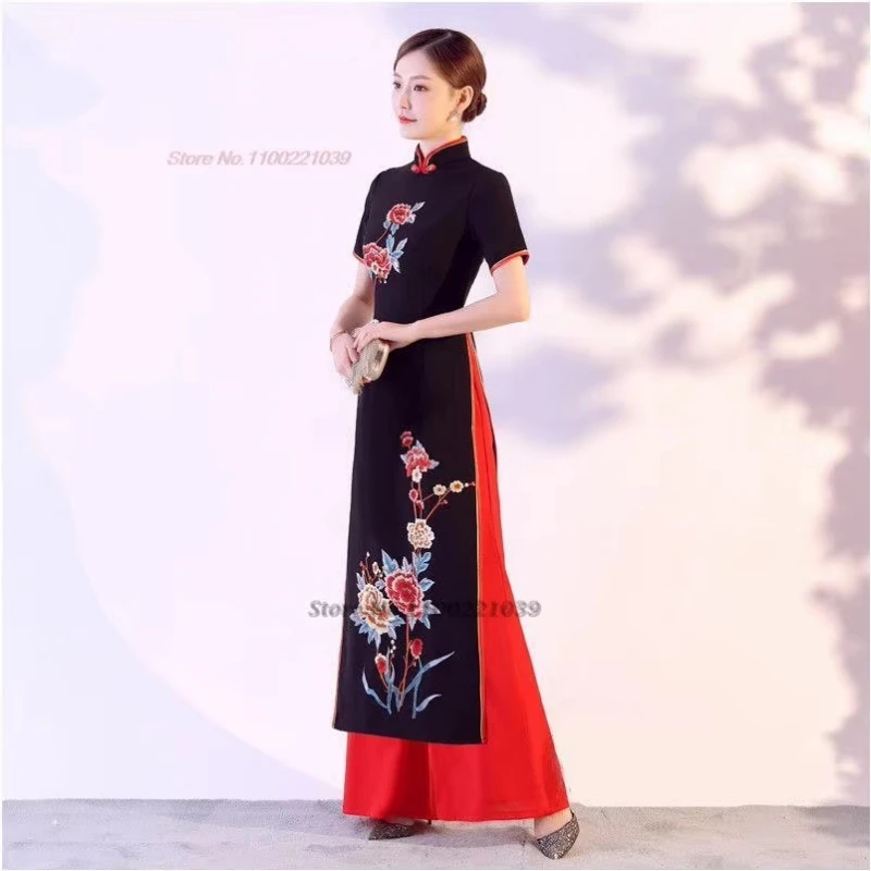 ﻿ 2025 آو داي فيتنام فستان تقليدي تحسين شيونغسام فستان شرقي + فستان أطفال مع سروال داخلي فستان تشيباو الشعبي الوطني المطرز بالزهور