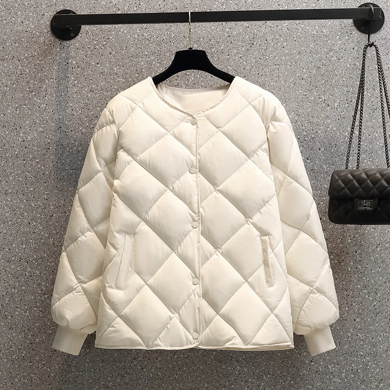 Women Jacket 2026 New Classic Round Neck Design Top Loose Winter Lightweight Casual Diamond Pattern Single Breasted Women's Coat