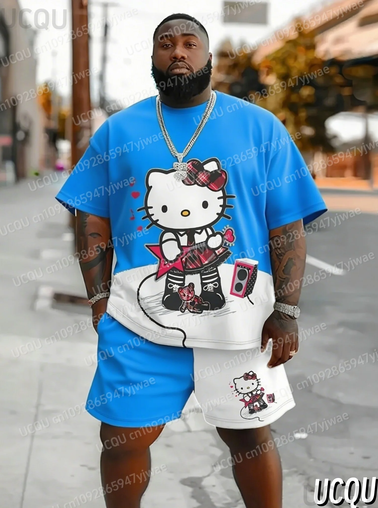 

2025 Мужская футболка и шорты с короткими рукавами и принтом HELLO KITTY, комплект с круглым вырезом для бега, женская футболка с короткими рукавами и шортами, комплект