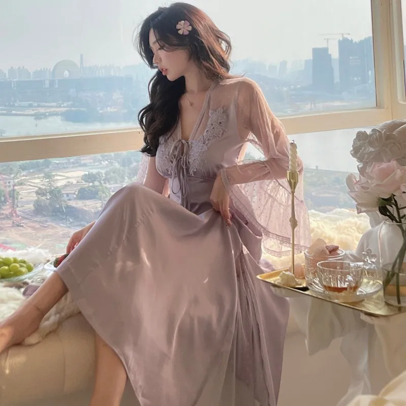 Ice Silk Nightgown Female Summer Sexy Lace Hollowed Out Long Dress Palace Style Home Clothes Solid Color Satin V-Neck Nightdress