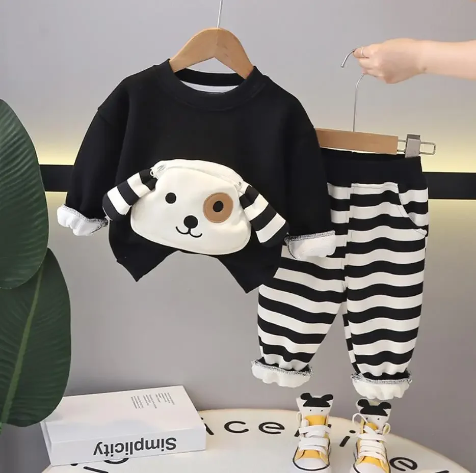 Baby Boy Clothing Sets Autumn Winter Striped Dog Pullover Fleece Sweatshirts Coat and Pants Christmas Toddler Kids Tracksuits