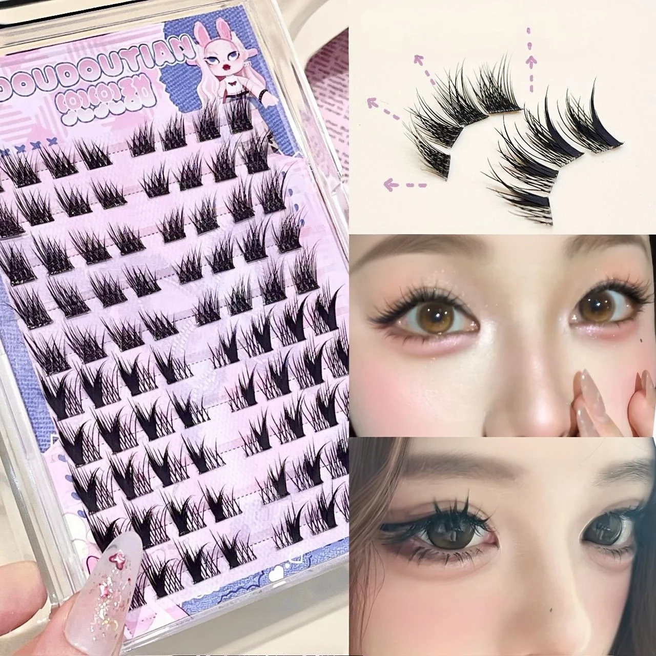 Cross V-shaped Thick Lash Clusters 3 Layers Curling Comic Feeling False Eyelashes Women Girls Daily Makeup Eyelash Extensions