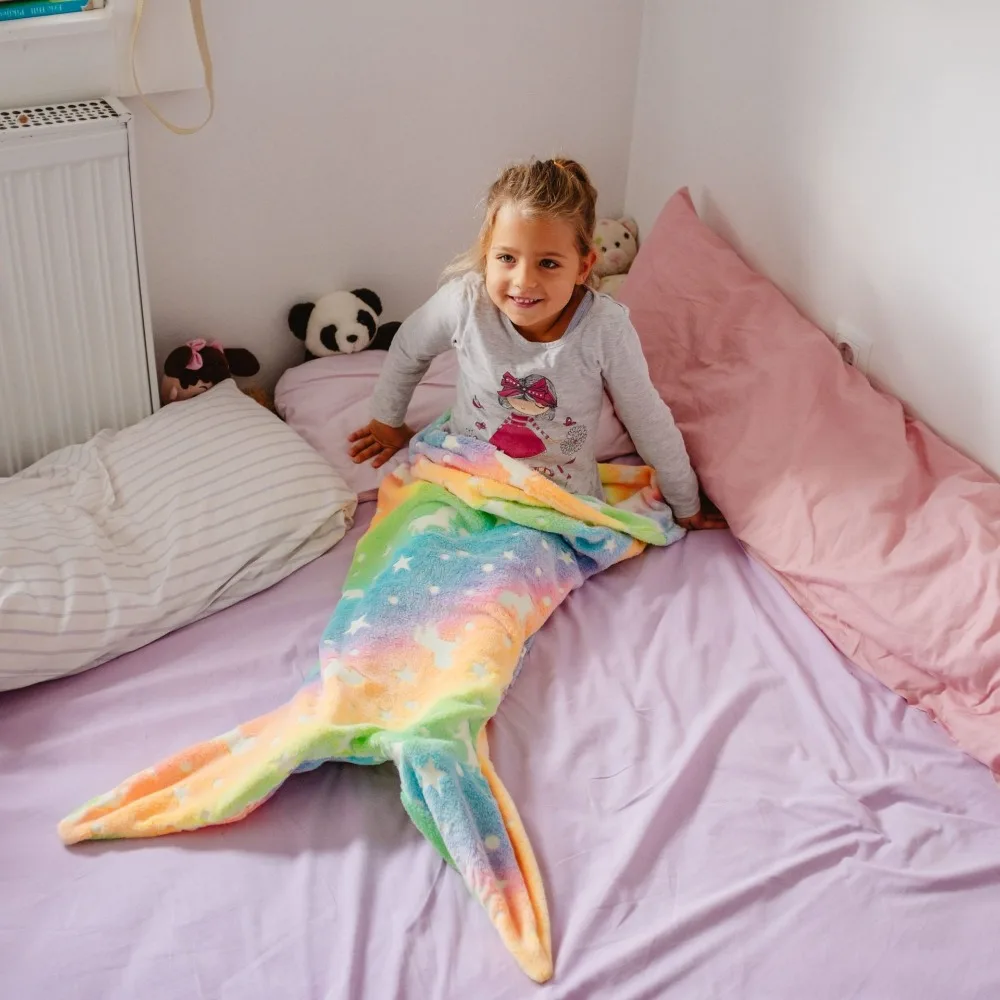 Flannel Mermaid Sleeping Bag Cute Rainbow Glowing In The Dark Mermaid Blanket Soft Cozy Universal Mermaid Tail Mermaid Blanket