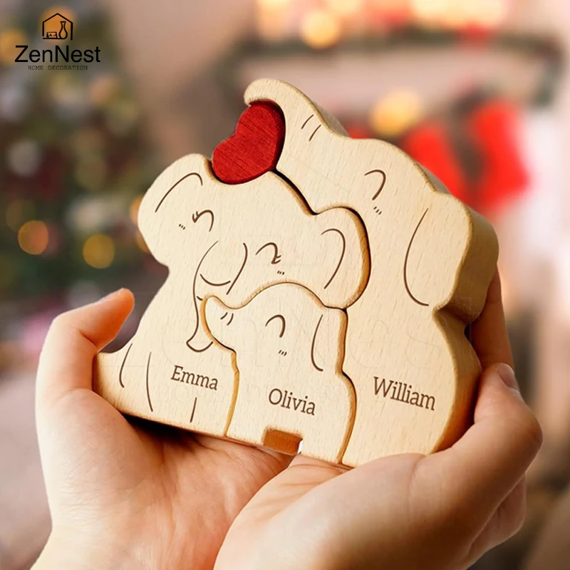 Elephant Family Wooden Art Puzzle DIY Cute Family Member Elephant Puzzle Tabletop Decoration Mother's Day Father's Gift Warm Gif