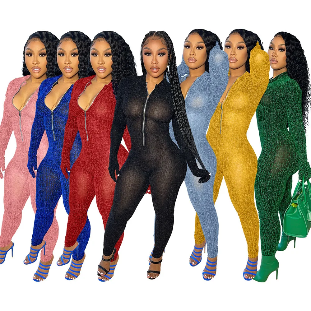 Wmstar Women Jumpsuits S-2XL Sexy Rompers Zipper Bodycon Stretch One Piece  Long Sleeve New Club Outfits Wholesale Drop Shipping