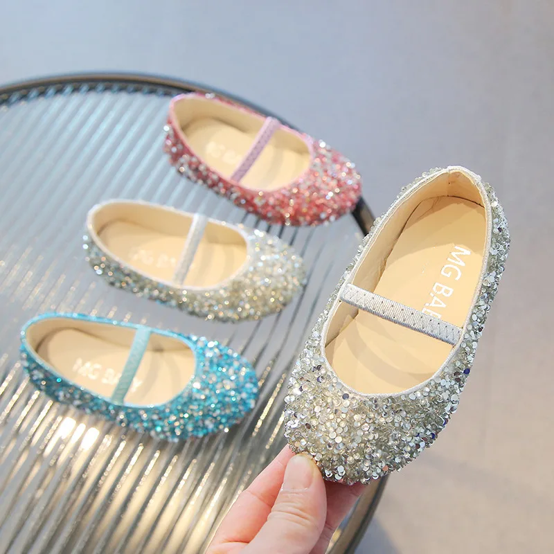 2024 Spring Summer Girls Sequin Shoes Baby Sandal Princess Party Shoes Kids Banquet Princess Bling Fashion Children Silver Flats