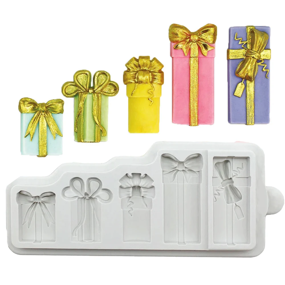 5 Gift Silicone Fondant Mold Christmas Gift Box Mould Cake Topper Chocolate Candy Baking Tools DIY Crystal Resin Clay