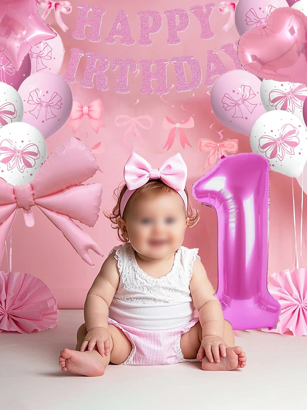 Ballon rose numéro 1, 32 pouces, avec nœud en aluminium, bannière joyeux anniversaire pour filles, 1er anniversaire, Coquette pour femmes, fournitures de décoration de fête