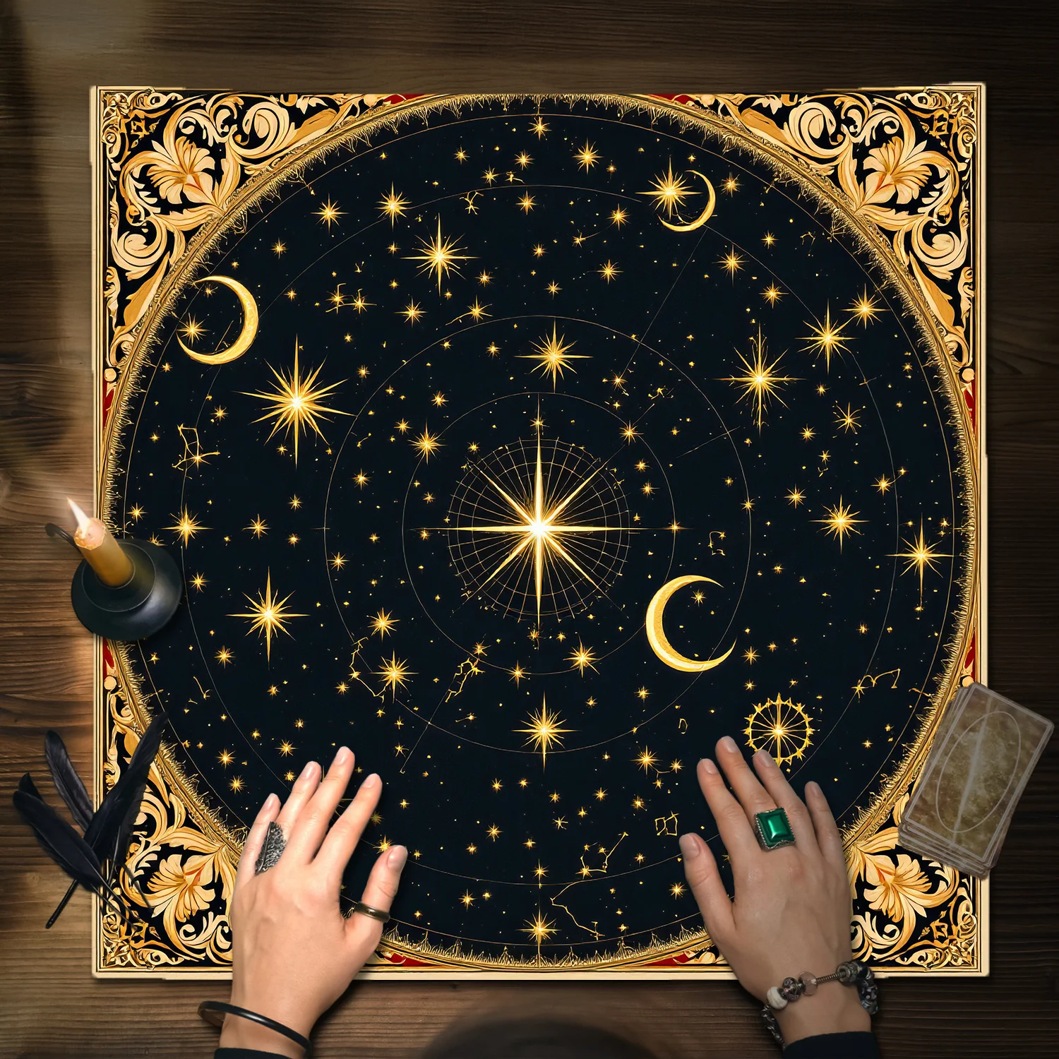 1 Piece of Medieval Celestial Symbol Tarot Card Tablecloth - Starry Sky and Moon Design, Featuring Geometric Patterns, Mystical Symbols, and Witch Altar Cloth, Used for Divination, Home Decoration, Parties, and Astronomy-Themed Card Games