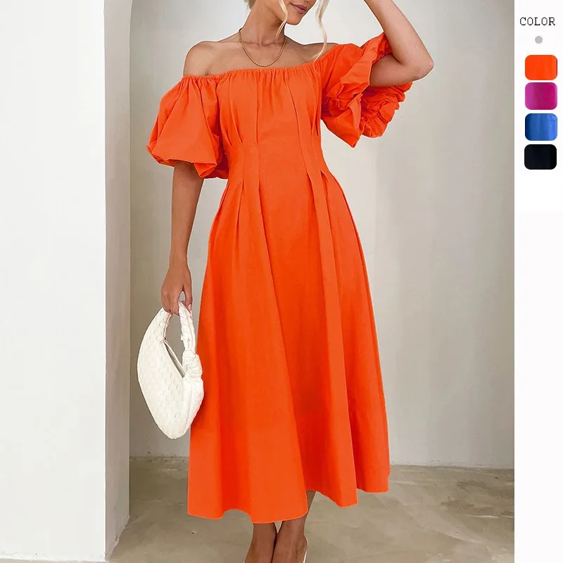 

European American Women One-word Collar Dresses Bubble Sleeves High-waisted Long Skirt Solid Color Short Sleeve Fold Wasit Dress