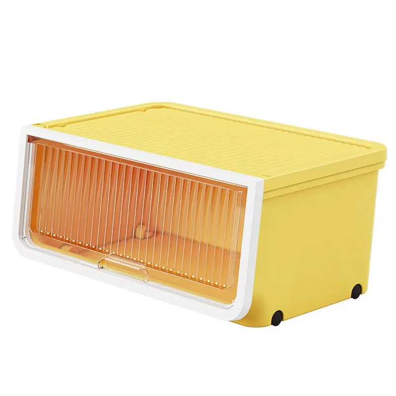 Yellow Stackable Front Opening Storage Box With Wheels Transparent Flap Lid Plastic Organizer Bin For Clothes Toys Books Home