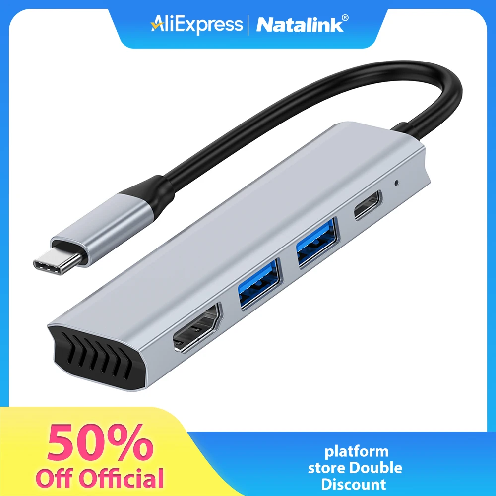 

Natalink 4-in-1 Type-C Hub-USB-C to HDMI (4K 30Hz) + 1x USB 3.0 + 1x USB 2.0 + Type-C + PD Fast Charging for Laptops & Tablets