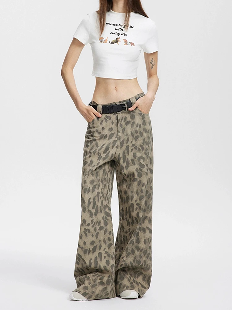 2024 Autumn Vintage Leopard Print Pants Women Casual Loose Jeans Y2k Female Fashion Streetwear Spodnie z szerokimi nogawkami