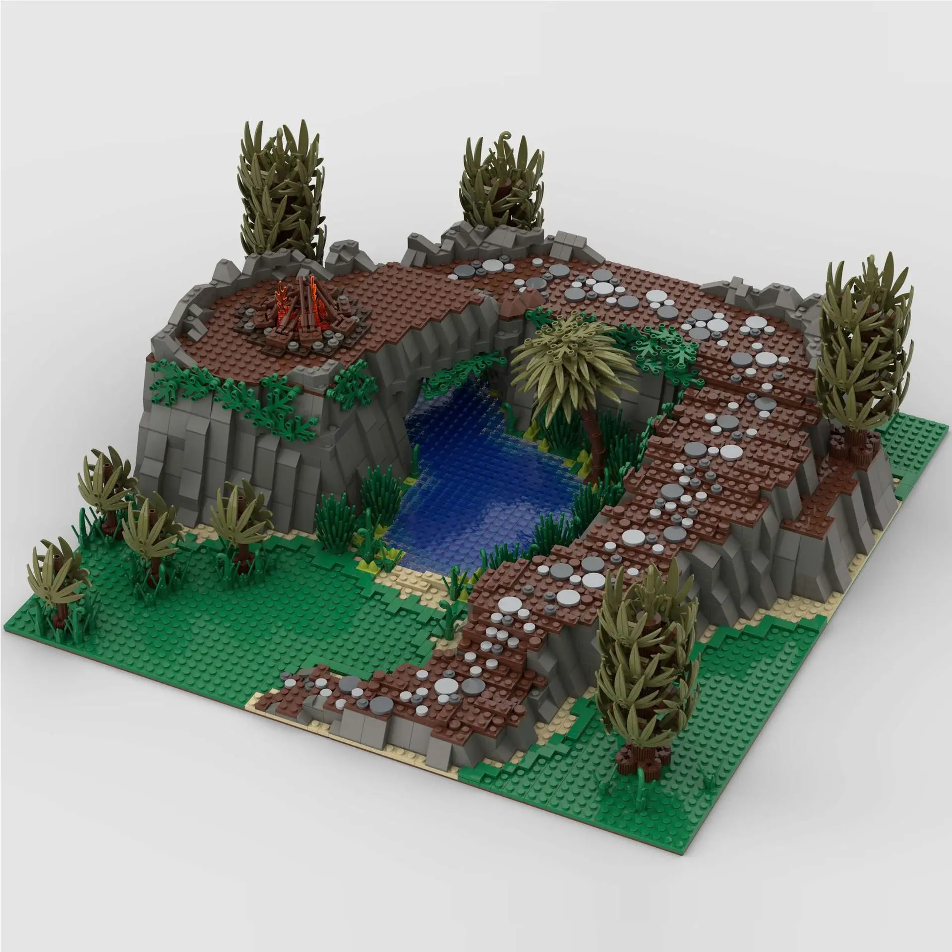 MOC Savage Tribe Bonfire Building Blocks Kit Mountain Wilderness Pirate Island Lake DIY Toy For Adults Birthday Christmas Gift