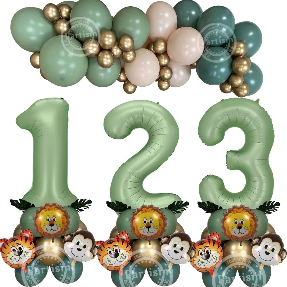 

New Green Number Balloon with Wild Animal Balloons Tower For Kids Jungle Safari Wild One Birthday Party Decoration Supplies