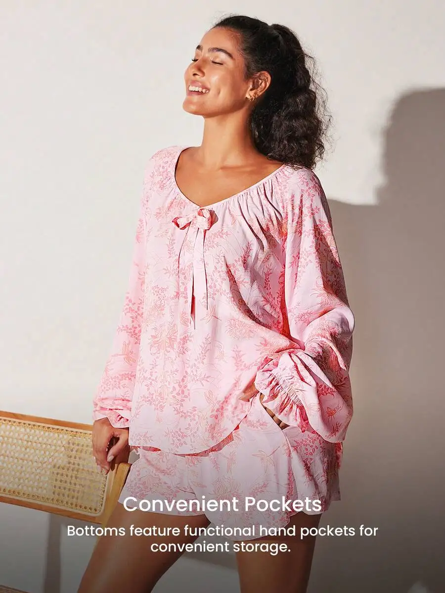 Rayon Floral Lantern Sleeve Top And Shorts Pajama Set With Pockets