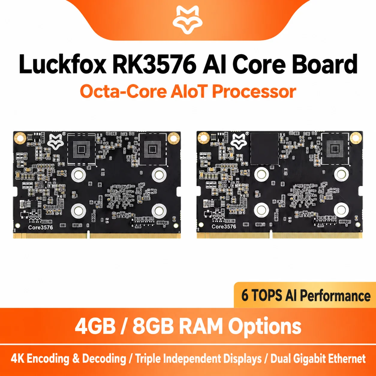 Luckfox Core3576 Module RK3576 Octa-core 2.2GHz Processor 6TOPS Computing Power AI 4GB/8GB RAM 0/32/64GB EMMC Support 4K Codec
