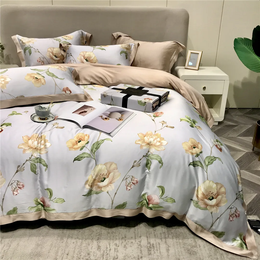 

2023 Newest Long Staple Cotton Plant Pattern Four-piece Bedding Household Must Four Seasons Universal Luxury Bedding Brown Blue