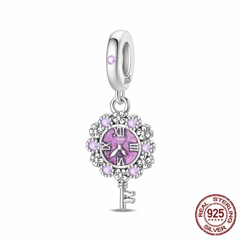 

925 Sterling Silver Purple Clock Pendant Bead, Set with Zircon, Paired with an Original Bracelet, DIY Women's Jewelry Gift