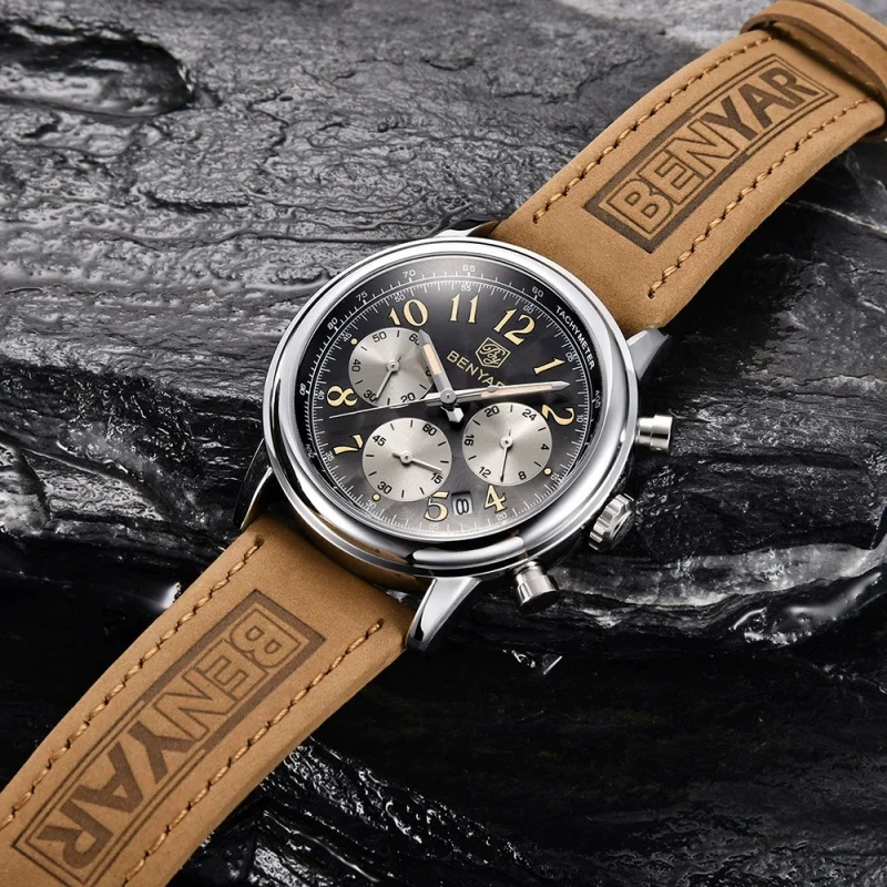 BENYAR 5190 Fashion Classic Design Men's Quartz Watch Luxury Leather Military Watch 50ATM Waterproof Casual Men's Watch Reloj