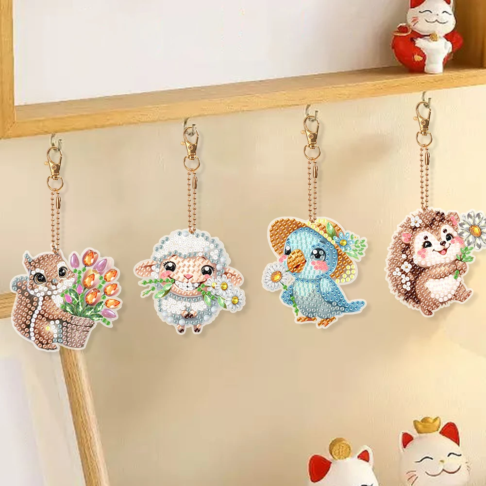 8 قطع مزدوجة الجوانب الربيع زهرة الحيوان الماس الفن كيرينغ الماس اللوحة الفن المفاتيح قلادة للمبتدئين البالغين #5