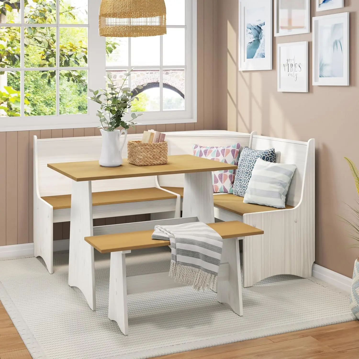 3-Piece Dining Table Set, Corner Breakfast Nook Corner Set with Bench and Corner Seat, Space-Saving Kitchen Table for 4-6 People