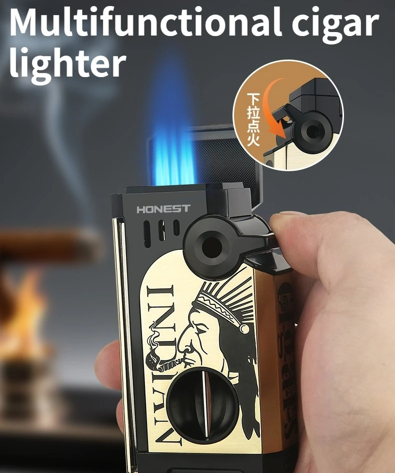 High Appearance Multifunctional Cigar Lighter with V-cut Cigarette Tow and Five Flame Straight Forward Windproof Lighter Gift