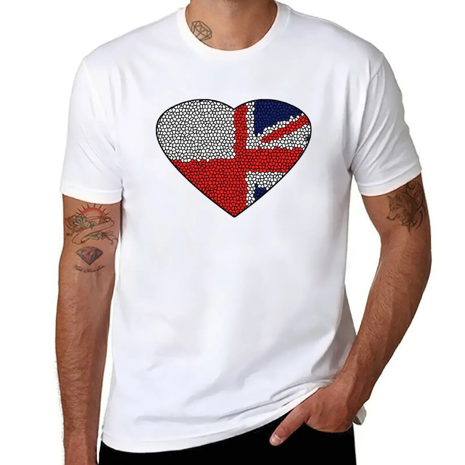 

British- Polish white and red and blue Heart T-Shirt hippie clothes anime clothes black t-shirts for men