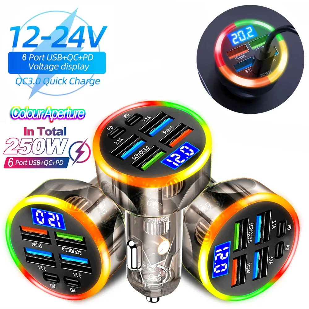 200W Car Charger QC3.0 Type-C Quick Charge Transparent Case PD for IPhone 15 14 13 12 Xiaomi Poco Samsung Fast Charger Charging