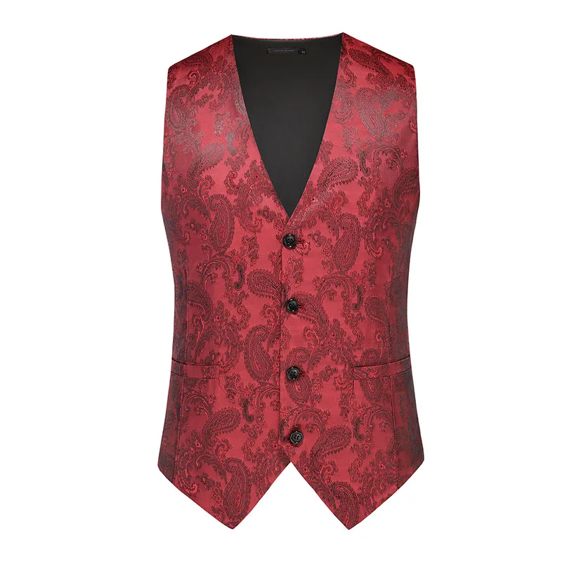 2026 New Red Jacquard Suit Vest, Men's Slim Fit Top, Fashion Male Wedding, Banquet, Party Dress, Thin Waistcoat