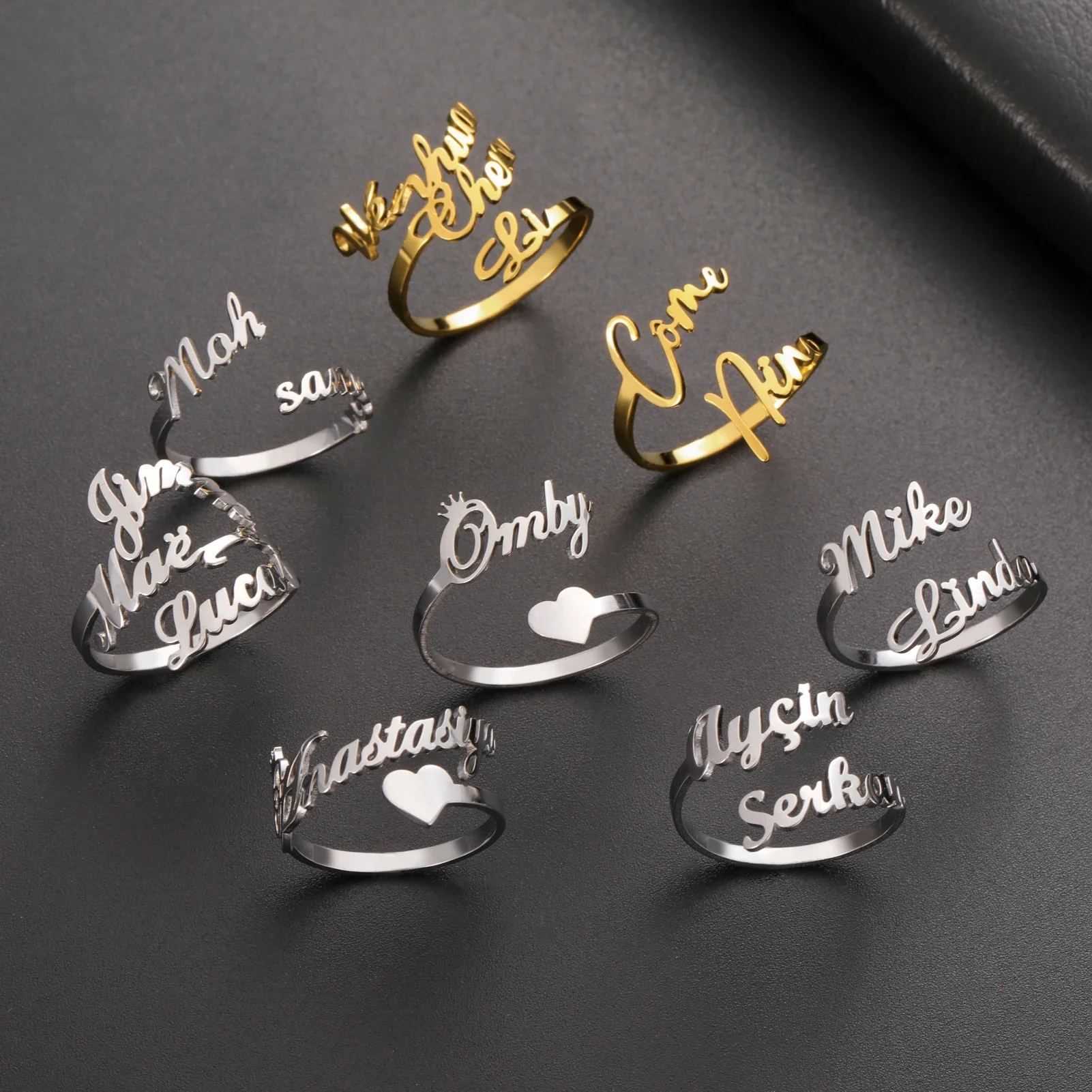 Teamer Personalised Custom Double Name Rings Stainless Steel Open Adjustable Couple Ring for Loved One Christmas New Year Gift image 3