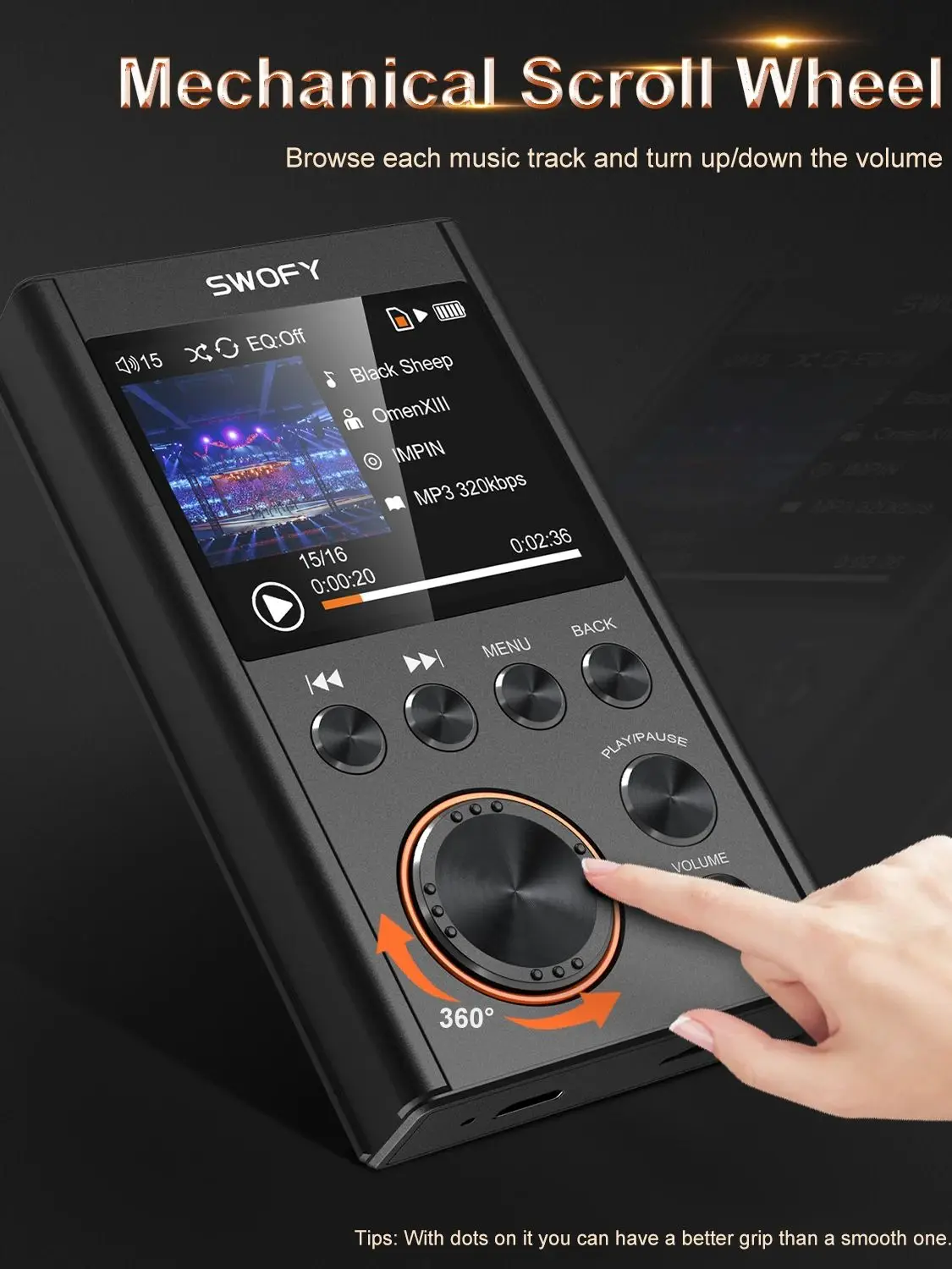 

SWOFY 64 GB HiFi MP3 player, high-resolution DAC for digital audio bands, supporting up to 256 GB expansion