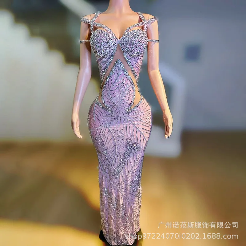 Luxury Silver Diamond Temperament Waist Dress Banquet Host Evening Dress Adult Model Catwalk Trendy Clothes Vestidos De Flamenca