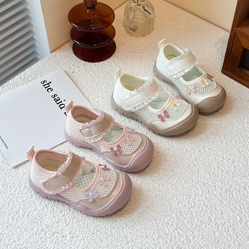 Girls Casual Shoes Toes Capped Lace Sweet Kids Princess Shoes Mesh Breathable 2025 Brand New Children Flats Breathable Soft Sole