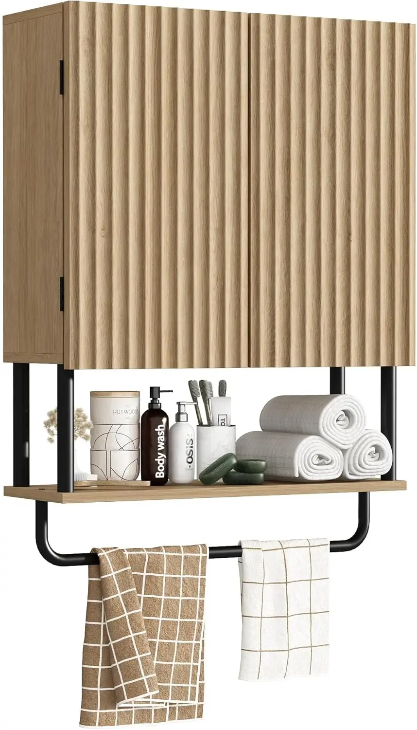 

Modern Farmhouse Bathroom Cabinet with 2 Doors, Adjustable Shelf & Towel Bar, Natural Finish
