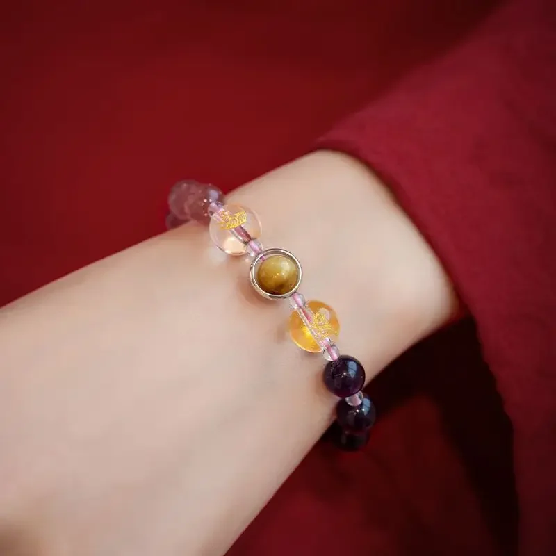 Gelang tiga dalam satu alami, gelang zodiak enam dalam satu wanita batu mata harimau, gelang Keberuntungan baik, manik-manik Buddha gaya Retro