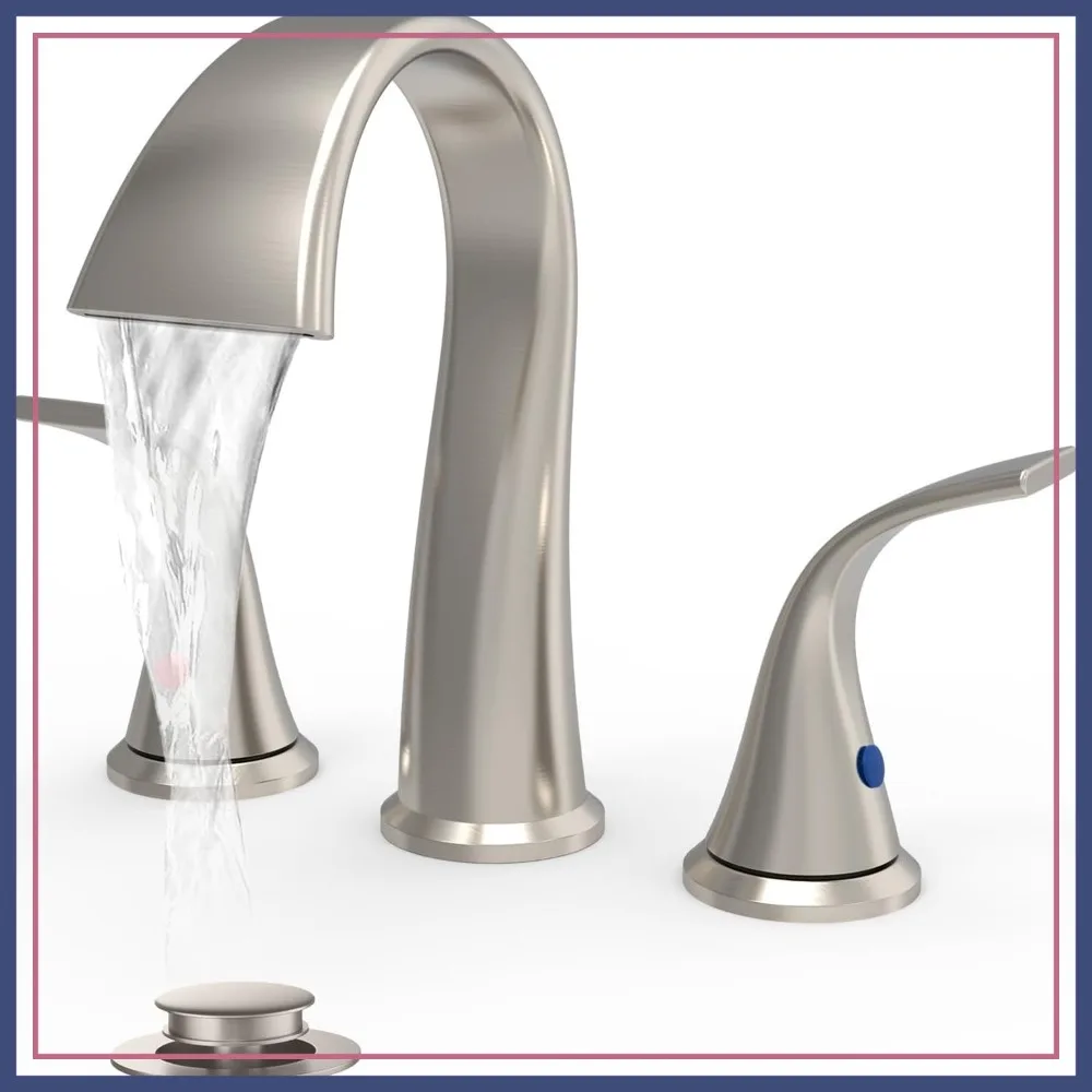 

8 Inch Waterfall Bathroom Faucet 3 Hole with Pop Up Drain & Supply Hoses, Brushed Nickel for Vanity