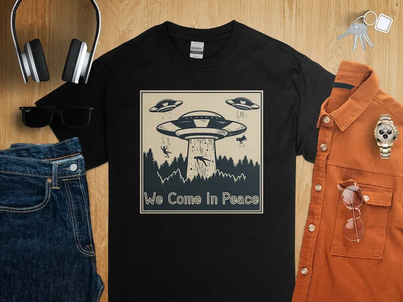 Vintage Alien UFO T-Shirt, We Come In Peace Forest Design, Sci-Fi Tee, Retro Space Graphic Shirt, Extraterrestrial Encounter Top