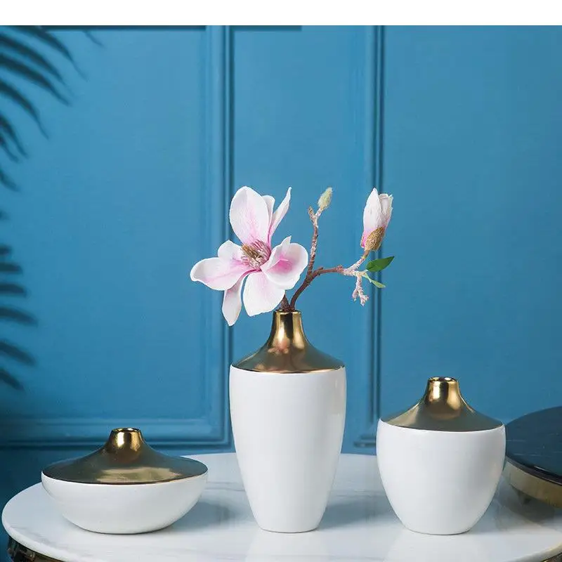 Gold-plated White Ceramic Vase Desk Decoration Flower Arrangement Flowers Pots Modern Home Decor Crafts Floral Vases