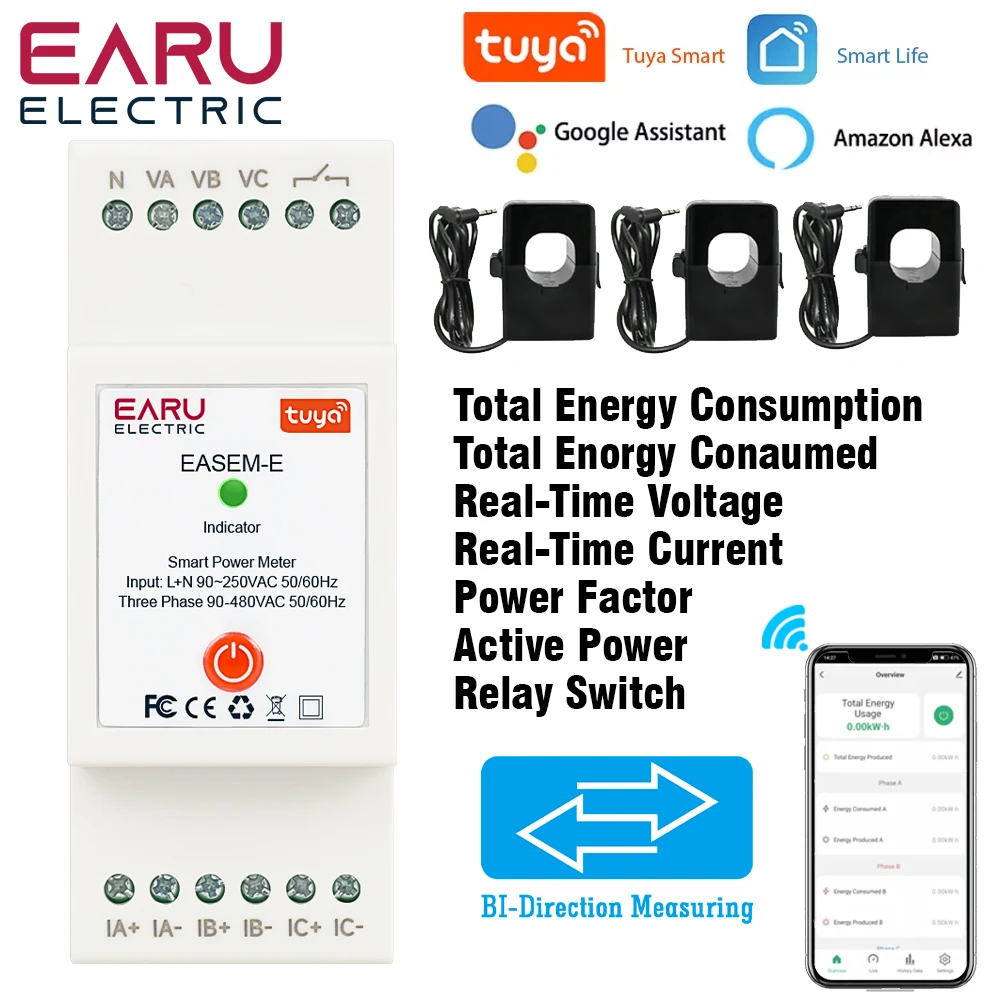 TUYA WiFi Smart Three Phase AC90-480V Bi-Directional Measurement Power Energy kWh Meter Monitor with 3PCS CT Clamps Switch Relay