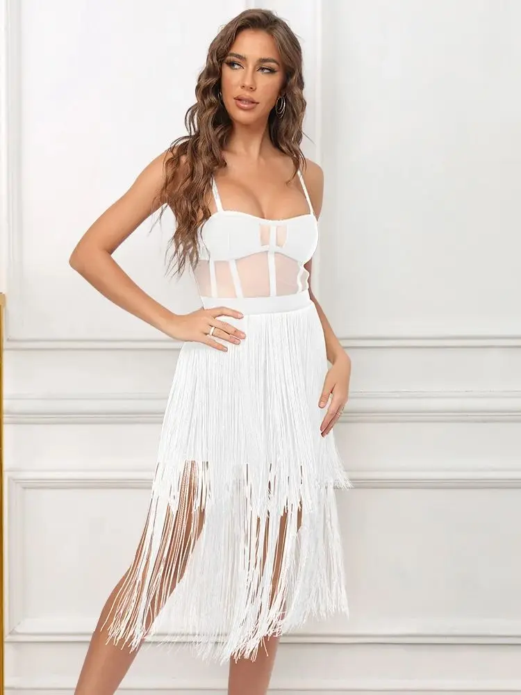 فستان شبكي مثير شفاف من خلال فستان فاخر أسود بشراشيب للنساء 2025 فستان نادي الحفلات فساتين كوكتيل ضيقة