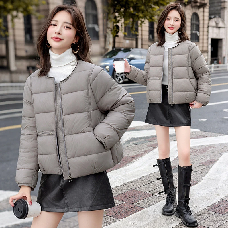 

2025 Korean Edition Lightweight Short Simple Down Cotton Jacket Women's Fashion Round Neck Loose Small Fragrant Warm Coat Trend