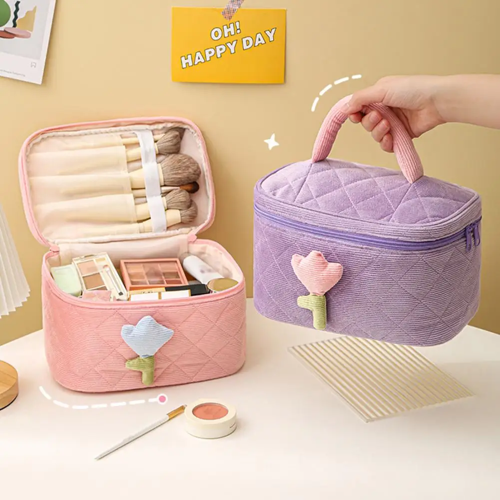 Sweet Girls Cosmetic Bag 3D Tulip Flower Large Capacity Portable Soft Corduroy Travel Toiletry Makeup Case косметичка neceser