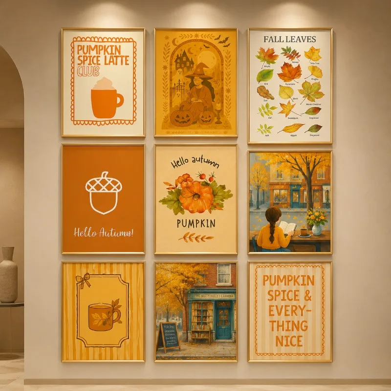 Pumpkin Spice Latte Canvas Wall Art Hello Autumn Coffee Shop Print Poster Farmhouse Kitchen Decor Dining Room Thanksgiving Gift
