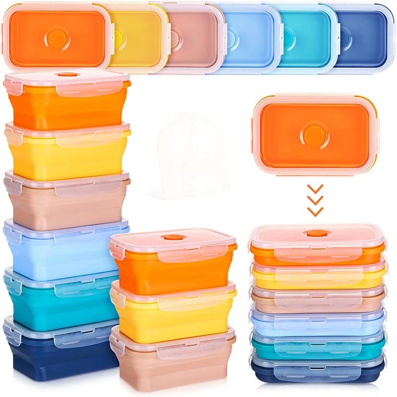 Collapsible Food Storage Containers Silicone Lunch Box with Lid Food Bowls Kitchen Stackable Lunch Box for Pantry Freezer Safe