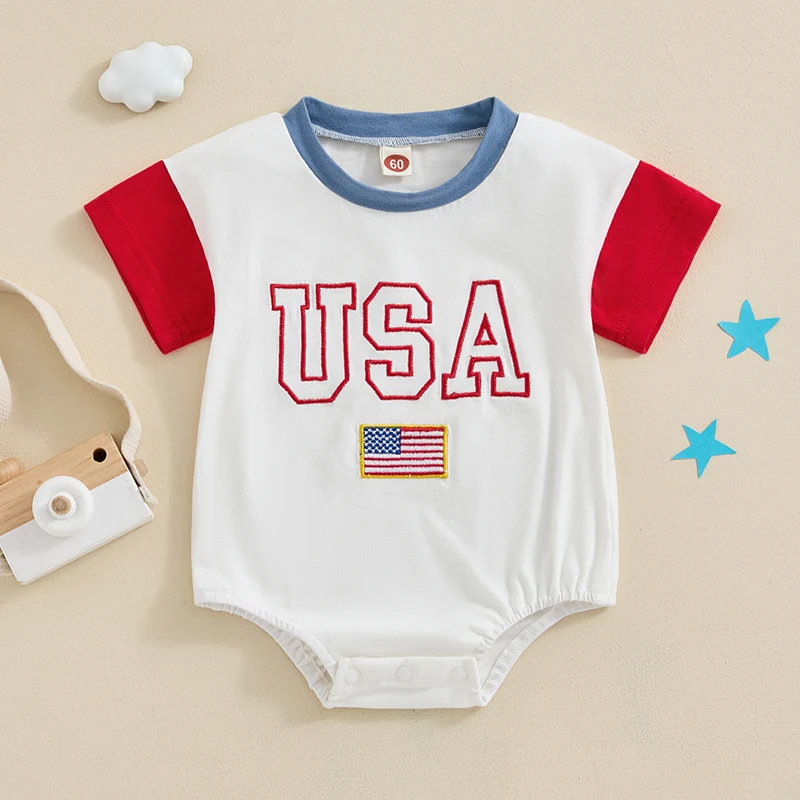 

2024-03-05 Lioraitiin 0-18M Baby Boys 4th of July Romper Short Sleeve Round Neck Letter Flag Embroidery Playsuit Infant Clothing