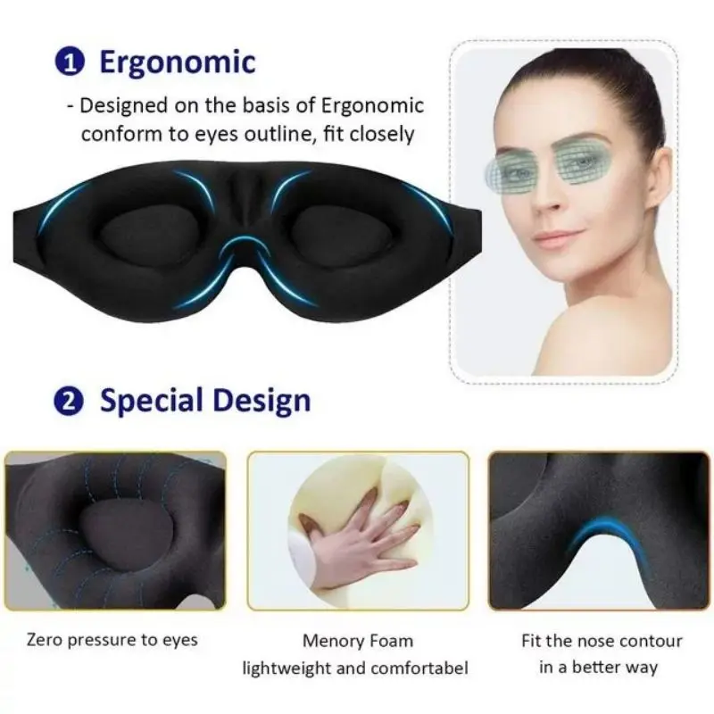 Masque pour les yeux 3D réglable adapté aux hommes et aux femmes sans pression sur les yeux Masque pour les yeux respirant et bloquant la lumière Noir