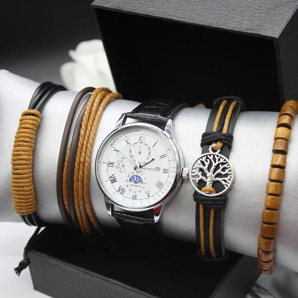 นาฬิกาหรูหราชุด5ชิ้นสำหรับผู้ชายกล่องสร้อยข้อมือคุณภาพสูงแนวโน้มแฟชั่นนาฬิกาควอตซ์สำหรับกิจกรรมทางธุรกิจของผู้ชาย